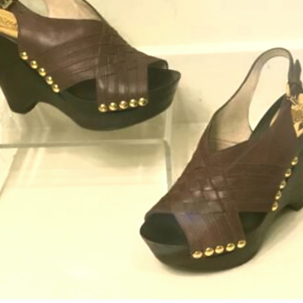 Michael Kors Brown Harlow Gold Stud Wedge Sandals